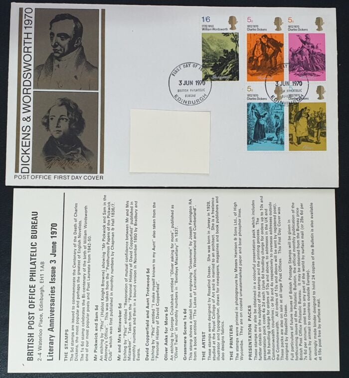Great Britain 1970 First Day Cover “Dickens & Wordsworth 1970” 3-6-1970 Edinburgh