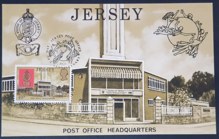 JERSEY 1976 Maxim Card. "Post office Headquarters" 40p. with front stamp