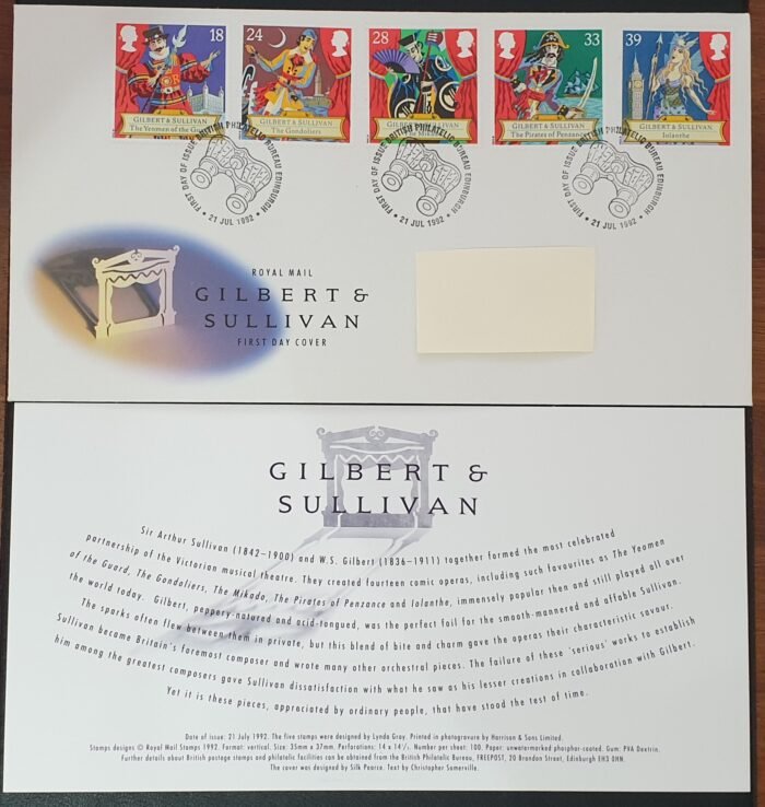 Great Britain 1992 First Day Cover “Gilbert & Sullivan” 21-7-1992 Edinburgh