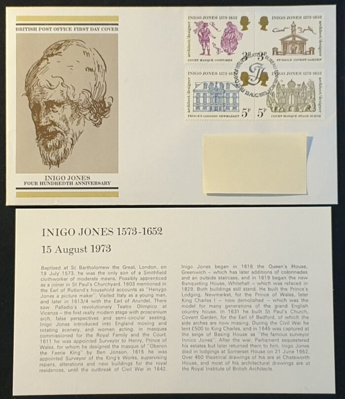 Great Britain 1973 First Day Cover “Inigo Jones- 400th Anniversary ” 15.8.1973 Edinburgh