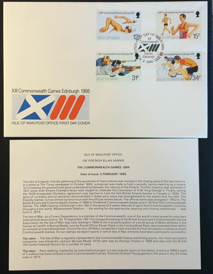 Isle of Man 1986 First Day Cover "XIII Commonwealth Games Edinburgh 1986" 5.2.1986 Edinburgh