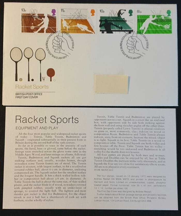 Great Britain 1977 First Day Cover “Racket Sports” 12.1.1977 Edinburgh