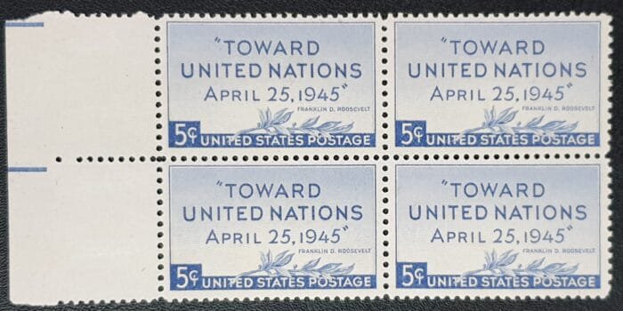 United States 1945 "Toward United Nations" 5c. blue Block of 4 MNH