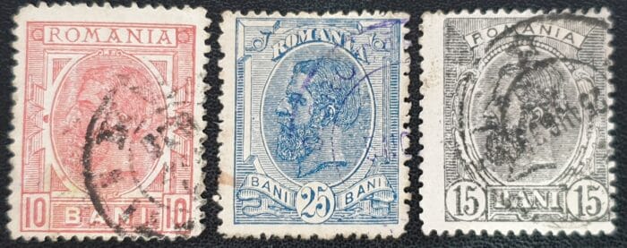 Romania 1899 "King Carol P.13½. Colours changed. Set of 3 used stamps
