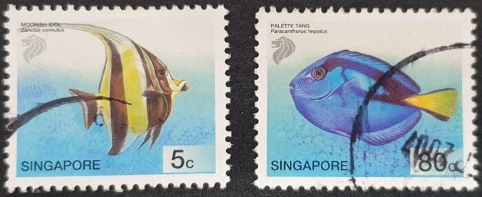 Singapore 2001 "Tropical Marine Fish" SG1127 5c. and SG1135 80c. used stamps