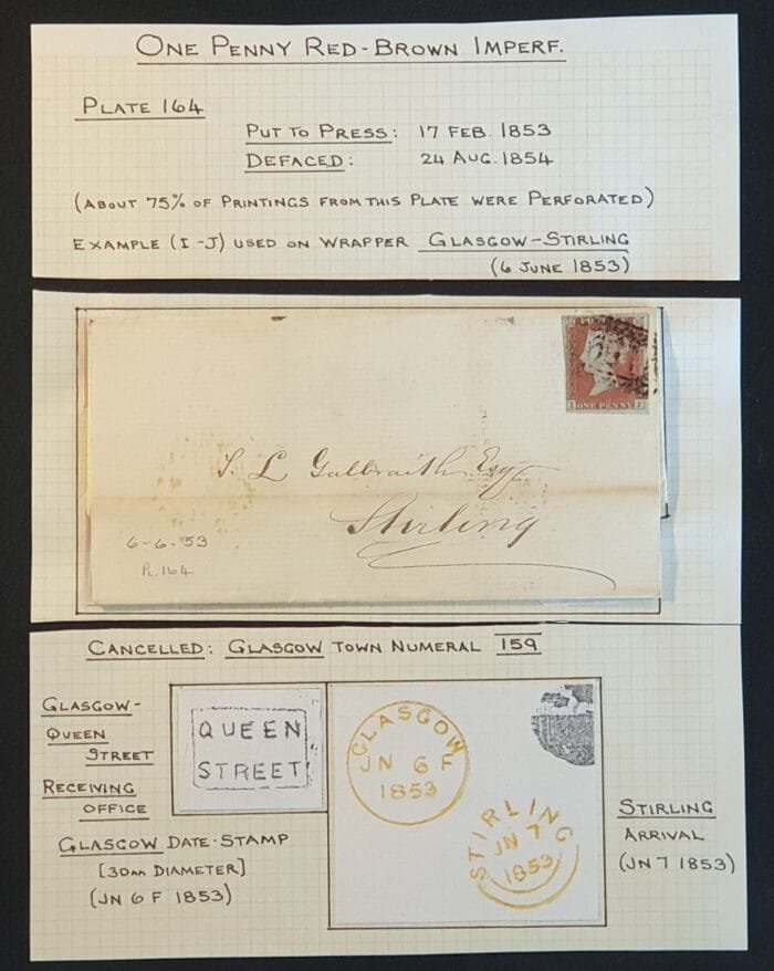 Great Britain Queen Victoria 1853 1d. red Plate 164 Letters I-J Cover from Glasgow Queen Street to Stirling