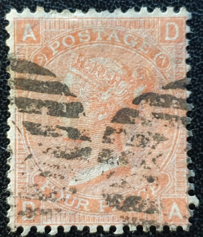 Great Britain Queen Victoria 1865 SG.94 4d. Vermilion ,Wmk. Large Garter Plate 7 Letters D-A used stamp