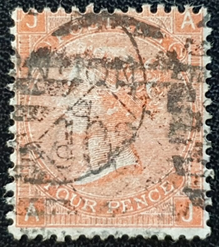 Great Britain Queen Victoria 1865 SG.94 4d. Vermilion ,Wmk. Large Garter Plate 11 Letters A-J used stamp