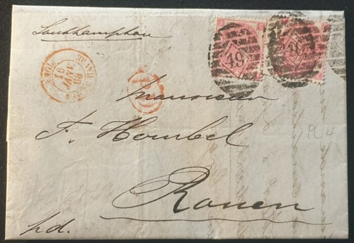 Great Britain Queen Victoria 1868 (16 JAN) 3d. rose Plate 4 Letter from London