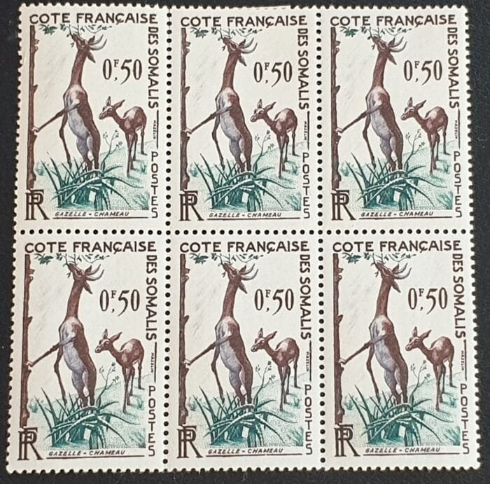 French Somali Coast 1958 "Animals." SG434 50c. Block of 6 Mounted Mint Stamps