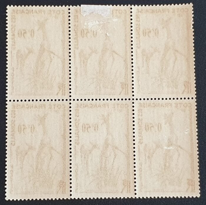 French Somali Coast 1958 "Animals." SG434 50c. Block of 6 Mounted Mint Stamps - Image 2