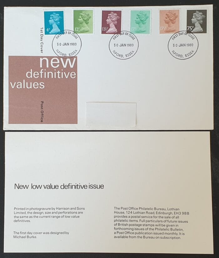Great Britain 1980 First Day Cover "New Definitive Values" 30 JAN 1980 ILFORD, ESSEX