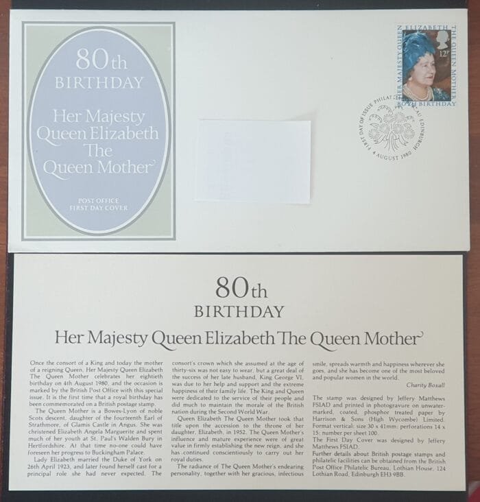 Great Britain 1980 First Day Cover "80th Birthday Queen Mother" 4 Aug 1980 Edinburgh