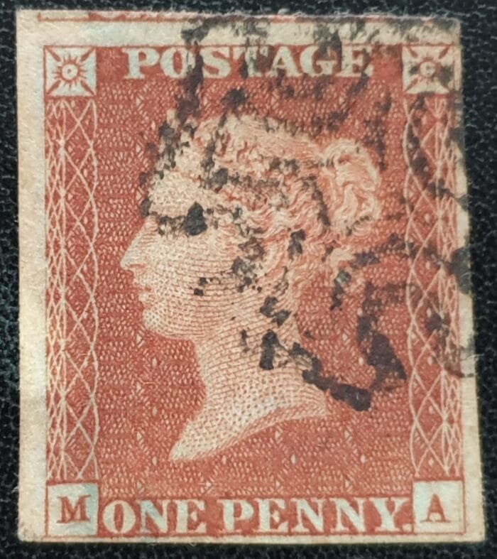 Great Britain Queen Victoria 1d. Red-Brown SG.8a ‘Black’ Maltese Cross M-A Ivory Head used stamp