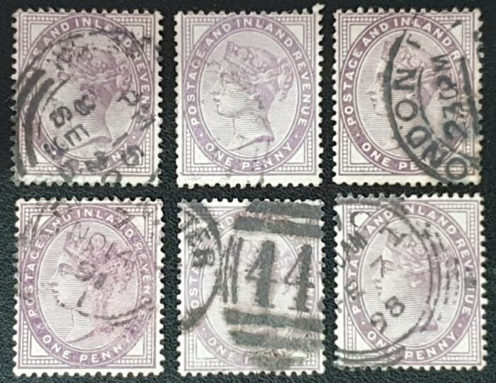 Great Britain Queen Victoria SG172/174 1d. lilac/mauve ,16 dots, used stamps (6)