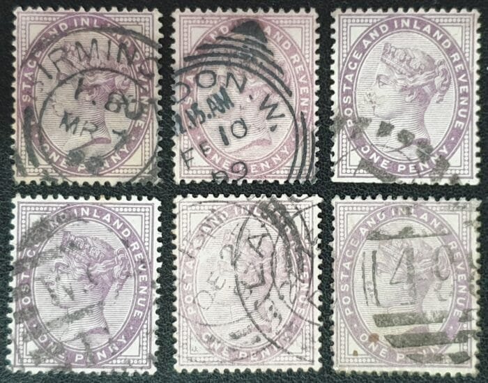 Great Britain Queen Victoria SG172/174 1d. lilac/mauve ,16 dots, used stamps (6)