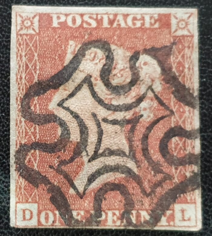 Great Britain Queen Victoria SG8 1d. red-brown Letters D-L , Black MX, used stamp
