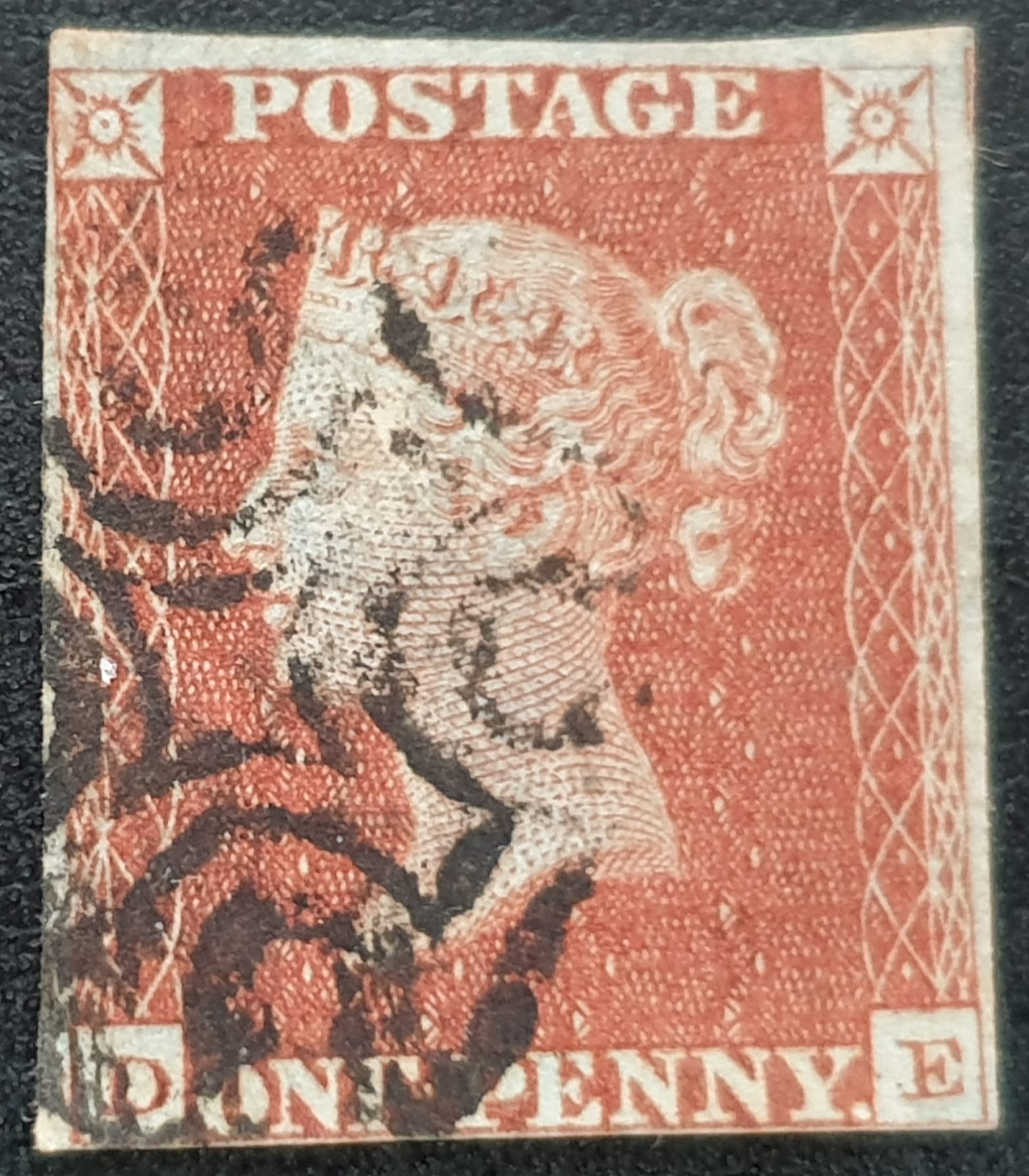 Great Britain Queen Victoria SG8a 1d. red on blue paper D-E Black MX used single stamp