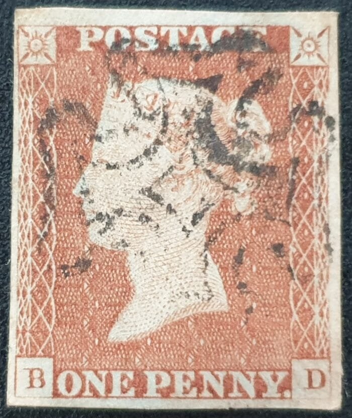 Great Britain Queen Victoria 1d. Red-Brown SG.8 ‘Black’ Maltese Cross Letters B-D 4 Margins used stamp