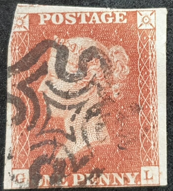 Great Britain Queen Victoria SG8 1d. red-brown Letters G-L Black MX Plate 36 used stamp