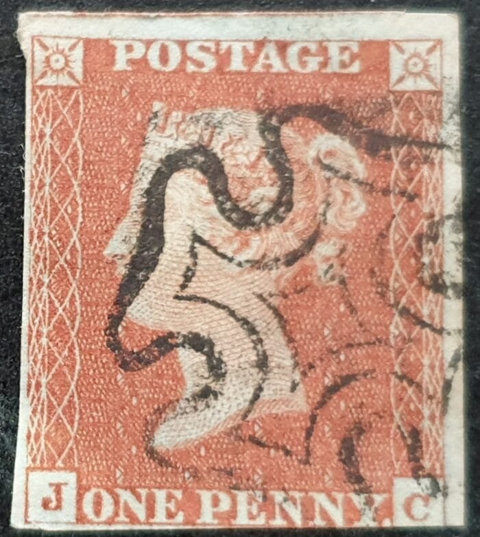 Great Britain Queen Victoria SG8 1d. red-brown Letters J-C Black MX used stamp