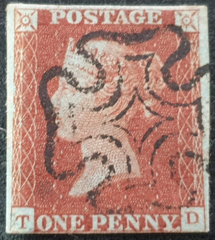 Great Britain Queen Victoria SG8 1d. red-brown Letters T-D Black MX used stamp