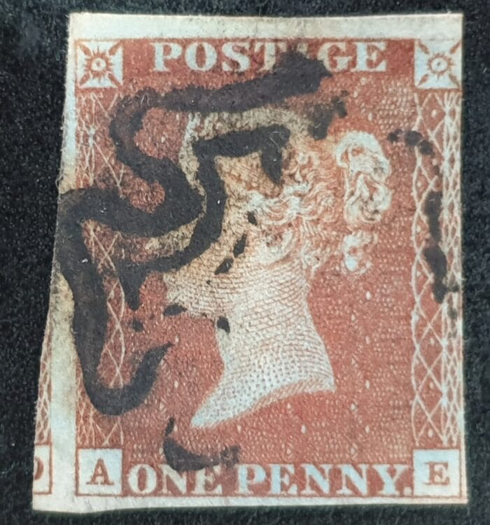 Great Britain Queen Victoria SG8 1d. red-brown Letters A-E Black MX used stamp