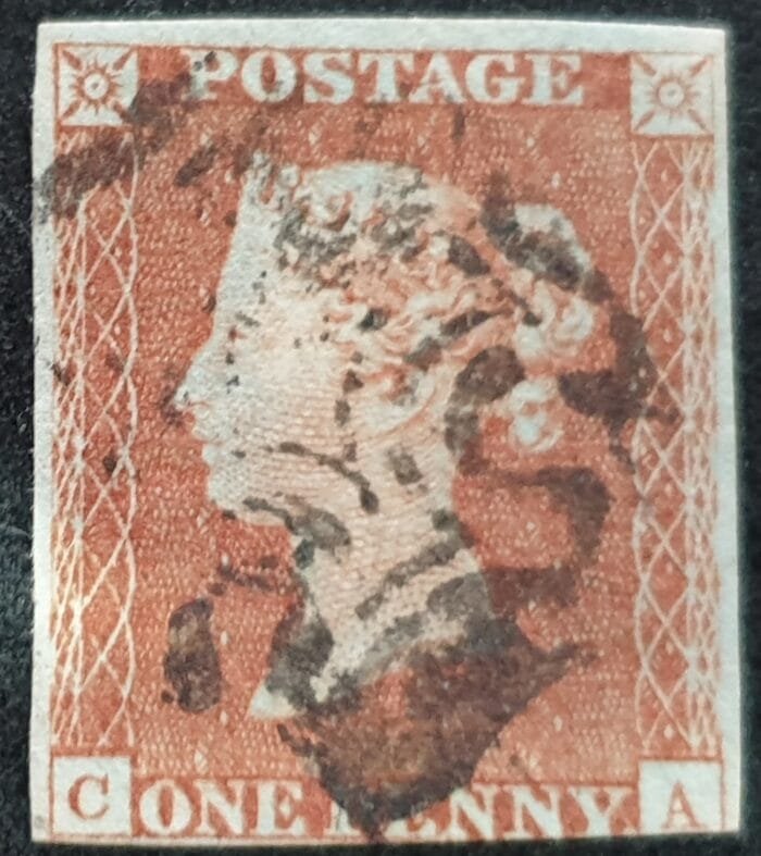 Great Britain Queen Victoria SG8 1d. red-brown Letters C-A Black MX Plate 20 used stamp