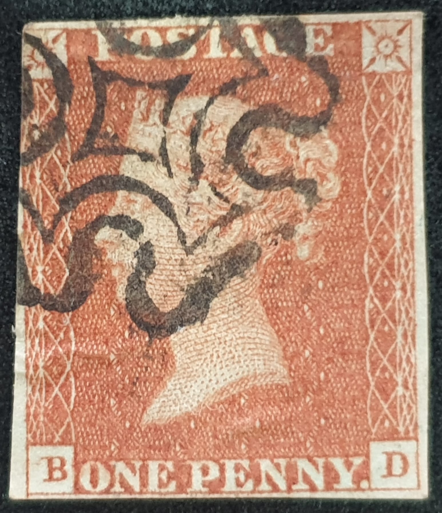 Great Britain Queen Victoria SG8 1d. red-brown Letters B-D Black MX used stamp