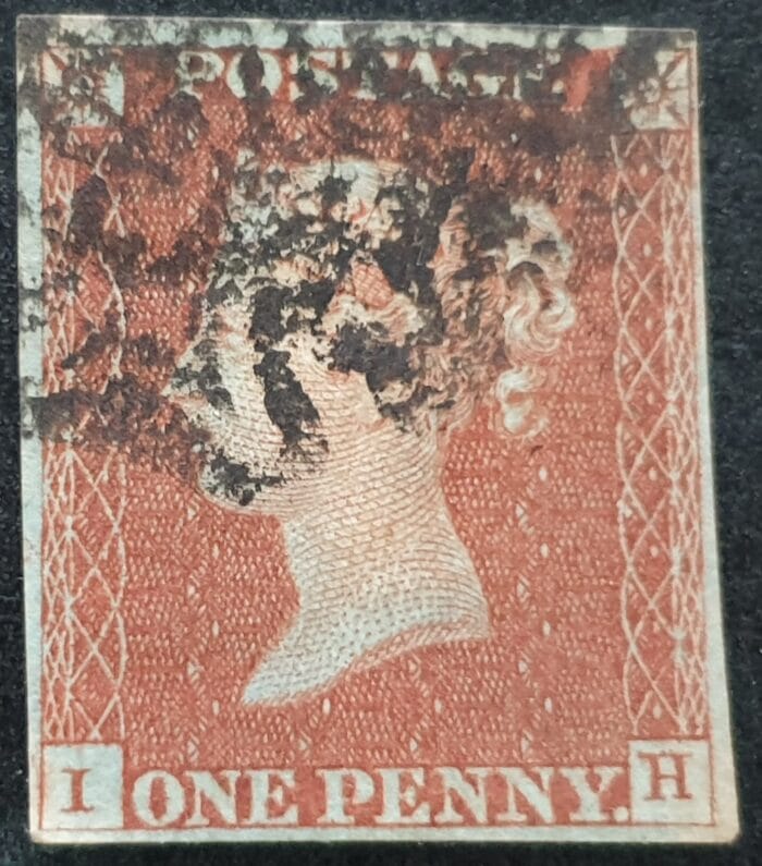 Great Britain Queen Victoria SG8 1d. red-brown Letters I-H Black MX  used stamp