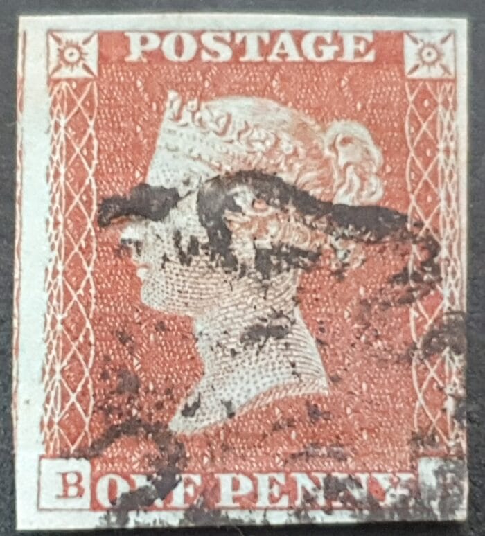 Great Britain Queen Victoria SG8a 1d. red-brown on blued paper Letters B-B Black MX used stamp