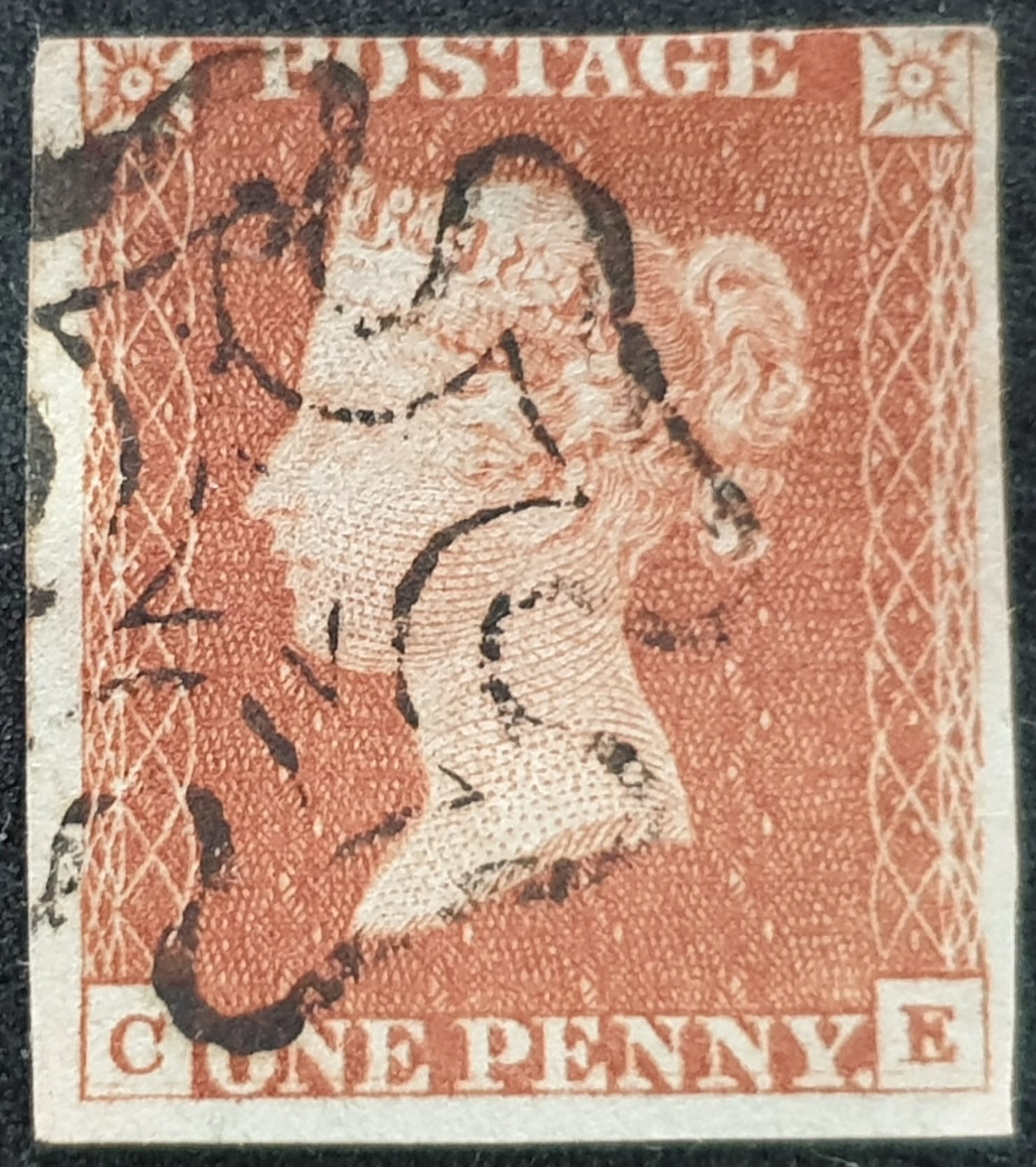 Great Britain Queen Victoria 1d. Red-Brown SG8 Black Maltese Cross, C-E, Plate 19 used stamp