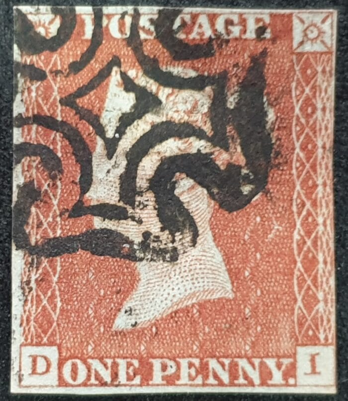 Great Britain Queen Victoria 1d. Red-Brown SG8a ,blue paper, Black Maltese Cross, D-I , Plate 36 used stamp