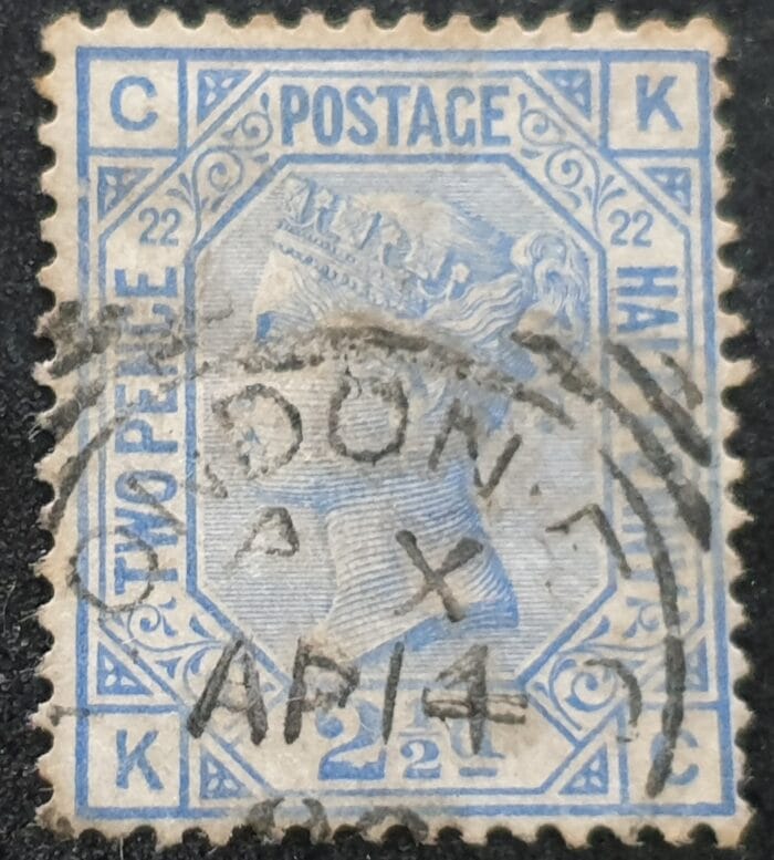 Great Britain Queen Victoria 1880 SG157 2½d. blue , Plate 22, Letters K-C used stamp