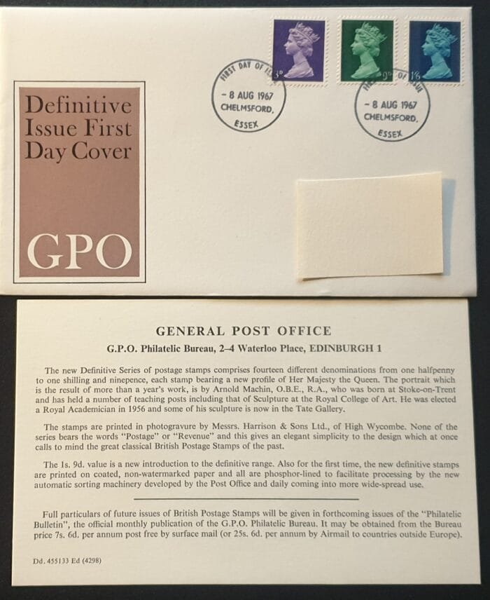 Great Britain First Day Cover 1967 "Definitive Issue GPO" 8.8.1967 CHELMSFORD