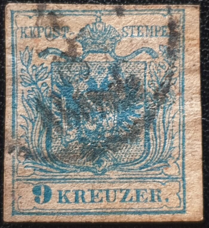 Austria 1850 Imperf. SG10 9k. blue used single stamp