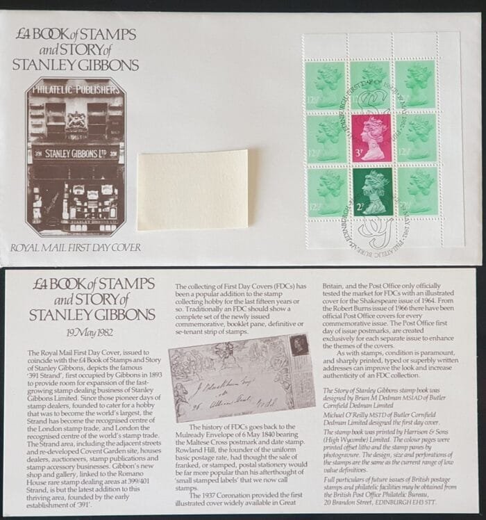 Great Britain 1982 First Day Cover “£4 Book of Stamps and Story of Stanley Gibbons” 19 May 1982 EDINBURGH