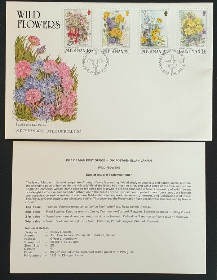 Isle of Man 1987 First Day Cover “Wild Flowers” 9.9.1987 Douglas