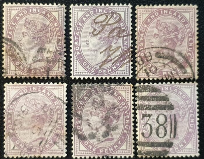 Great Britain Queen Victoria SG172/174 1d. lilac/mauve ,16 dots, used stamps (6)