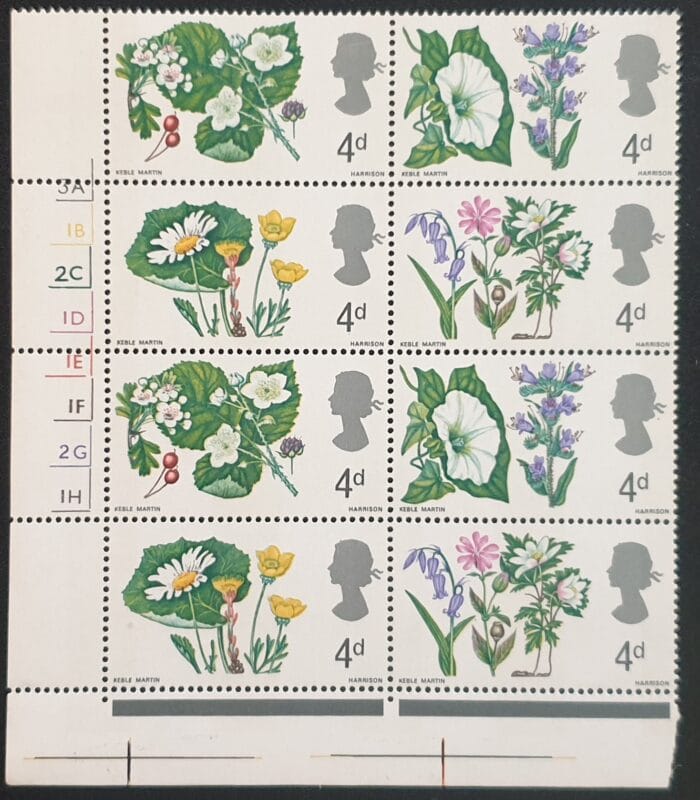 Great Britain Queen Elizabeth II 1967 "Wild Flowers" Cylinder Block. SG717p-720p MNH Phosphor Stamps