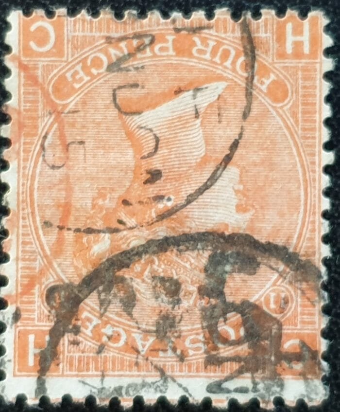 Great Britain Queen Victoria 1865 SG.94wi. 4d. Vermilion ,Wmk. Inverted Large Garter Plate 11 Letters H-C used stamp