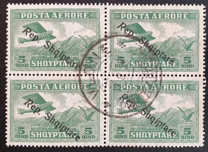 Albania 1927 "Air." Optd. Rep. Shqiptare SG204 Block 4 used stamps