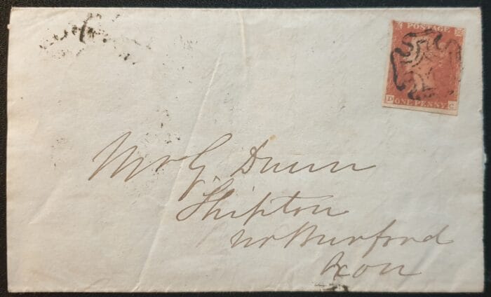 Great Britain Queen Victoria 1844 1d Red 4 Margins Letters D-C Black MX Part Entire Oxford-Shipton Nr Burford