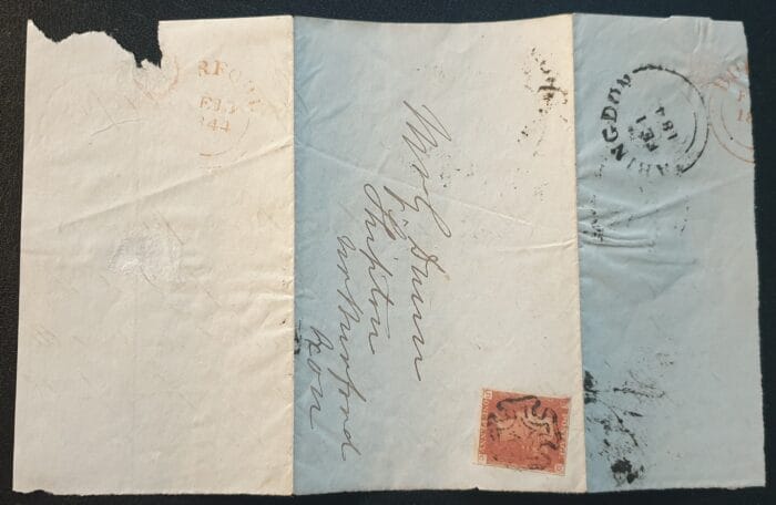 Great Britain Queen Victoria 1844 1d Red 4 Margins Letters D-C Black MX Part Entire Oxford-Shipton Nr Burford - Image 4