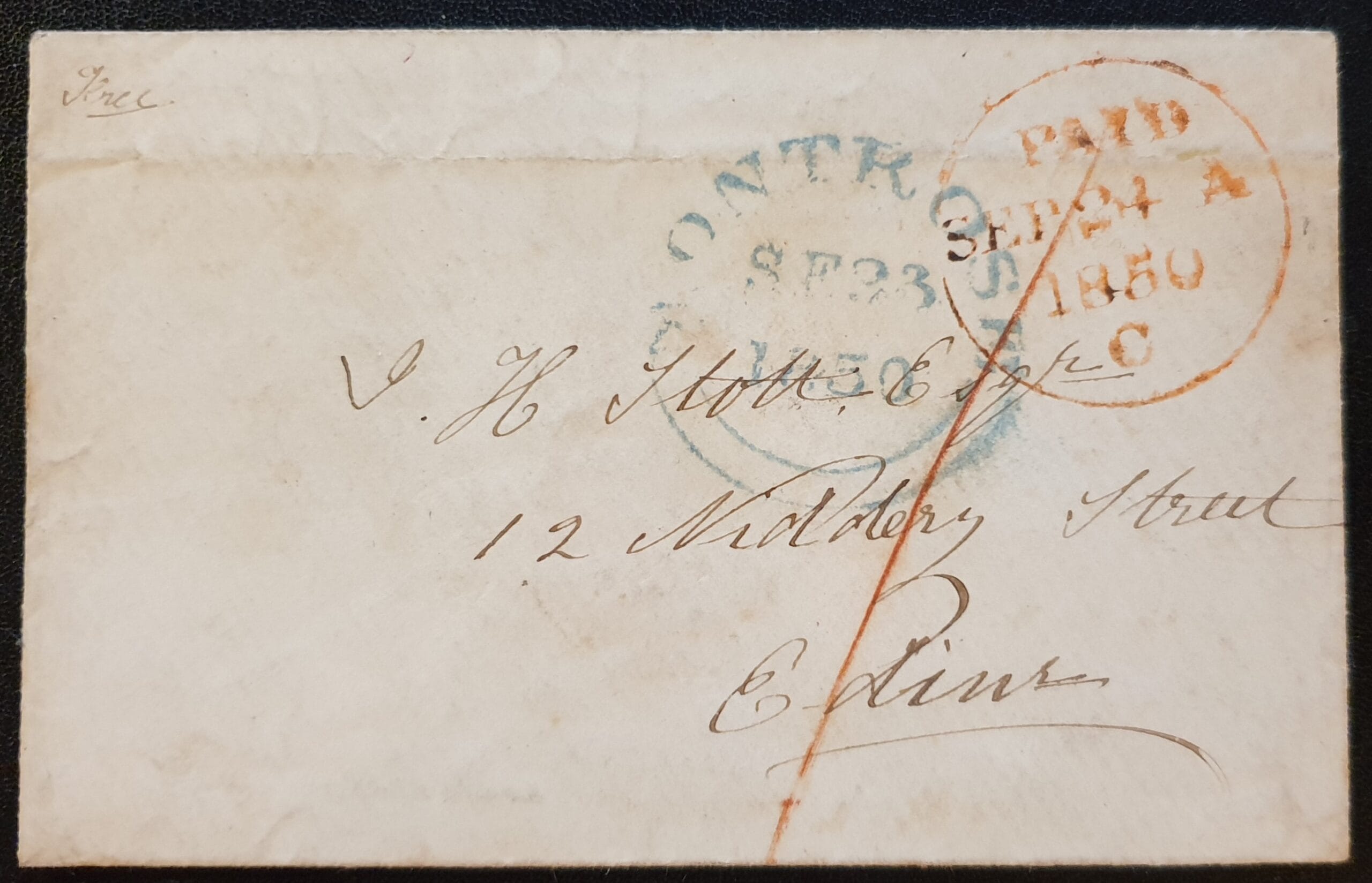 Great Britain Queen Victoria Paid Envelope Montrose to Edinburgh 23/9/1850