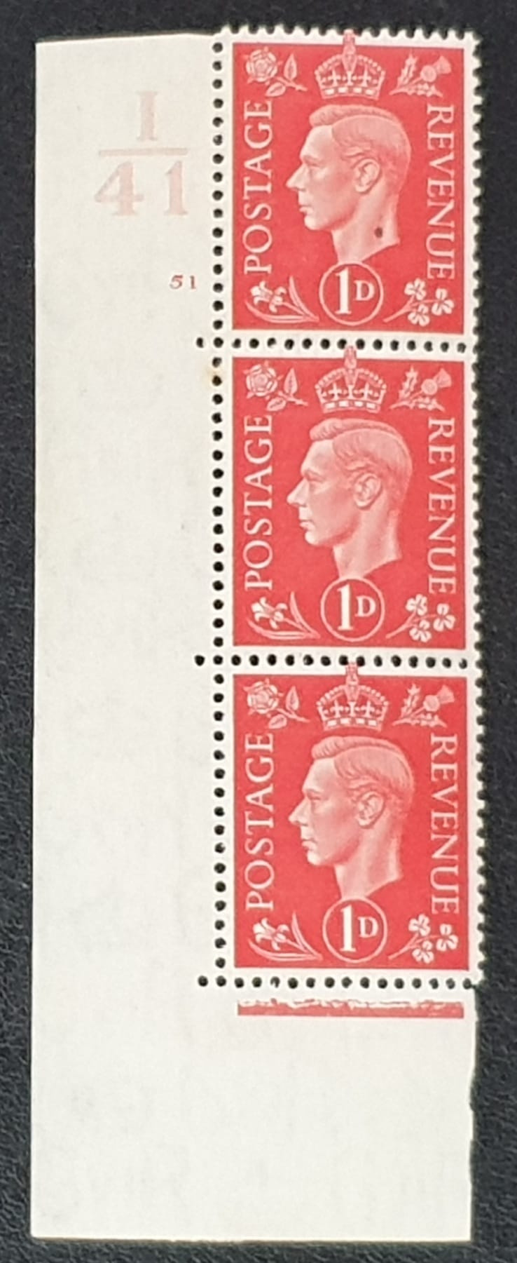 Great Britain King George VI SG463 Q4. 1d Scarlet. Control I41 cylinder 51 no dot Mounted Mint