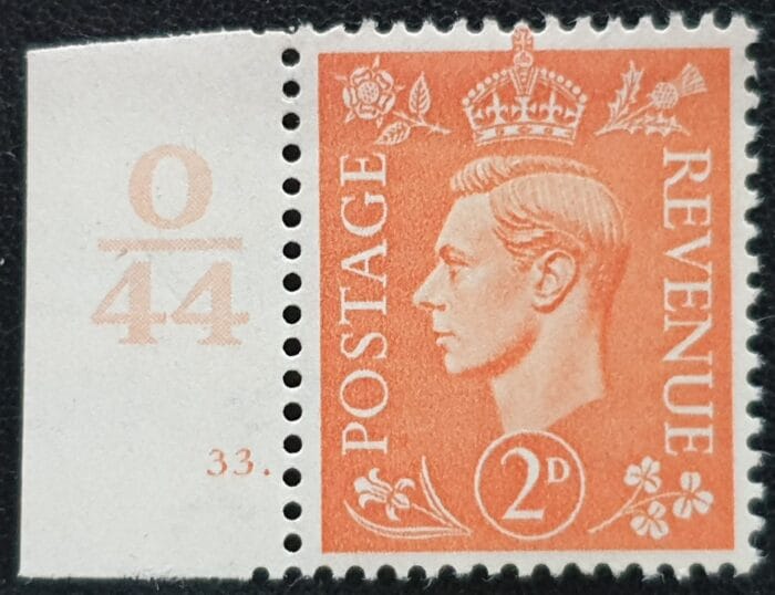 Great Britain King George VI SG488 2d Pale Orange Ctrl O44 Cyl.33 dot MNH