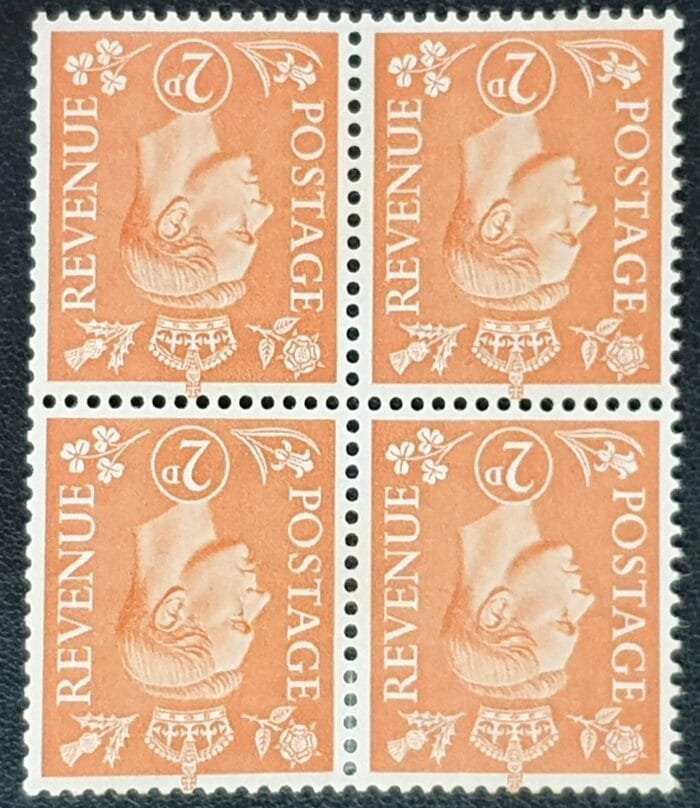 Great Britain King George VI 1941-42 SG488wi. 2d. pale-orange WMK Inverted –Mounted Mint Block of 4