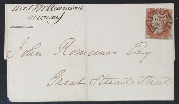 Great Britain Queen Victoria 1842 Entire 1d. red Black Maltese Cross Letters J-A Plate 19 8.8.1842 Edinburgh
