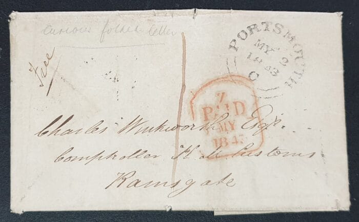Great Britain 1843 Pre Paid Cover & Letter 3/5/1843 Portsmouth-Ramsgate Cancel